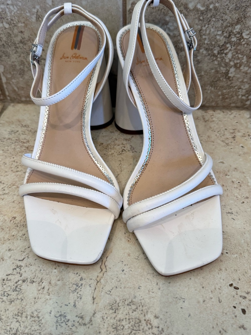 Sam Edelman Cream Strappy Square-Toe Block Heel Sandals